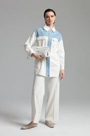 Glittery Denim Trimmed Canvas Denim Jacket with Drawstring Waist - Ecru