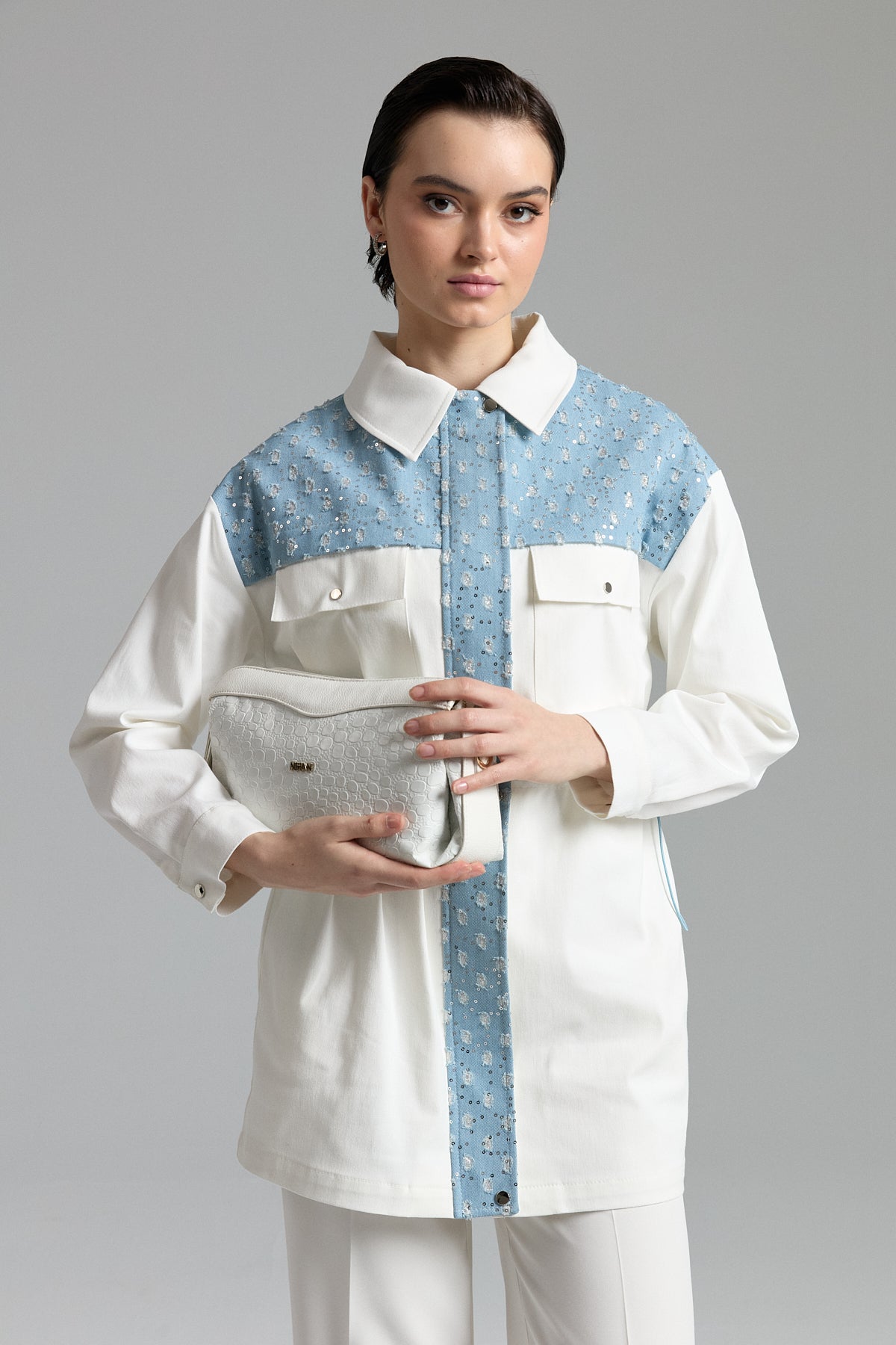 Glittery Denim Trimmed Canvas Denim Jacket with Drawstring Waist - Ecru
