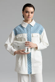Glittery Denim Trimmed Canvas Denim Jacket with Drawstring Waist - Ecru
