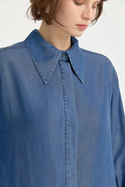 Pointed Collar Lyocell Shirt - Indigo