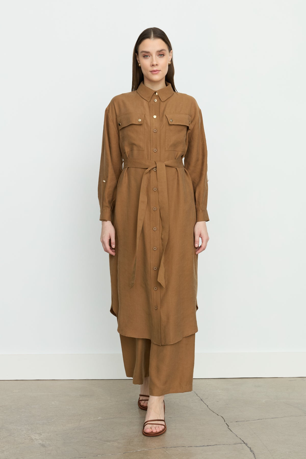 Sporty Belt Detail Tencel Tunic - Light Brown