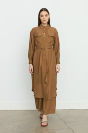 Sporty Belt Detail Tencel Tunic - Light Brown