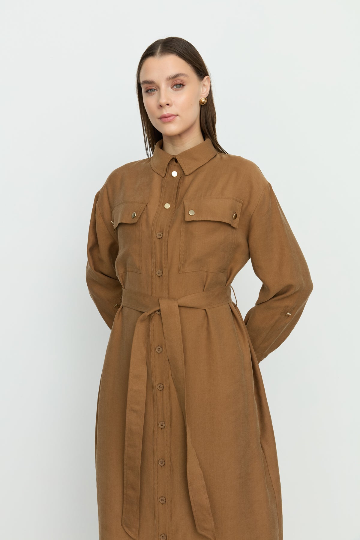 Sporty Belt Detail Tencel Tunic - Light Brown