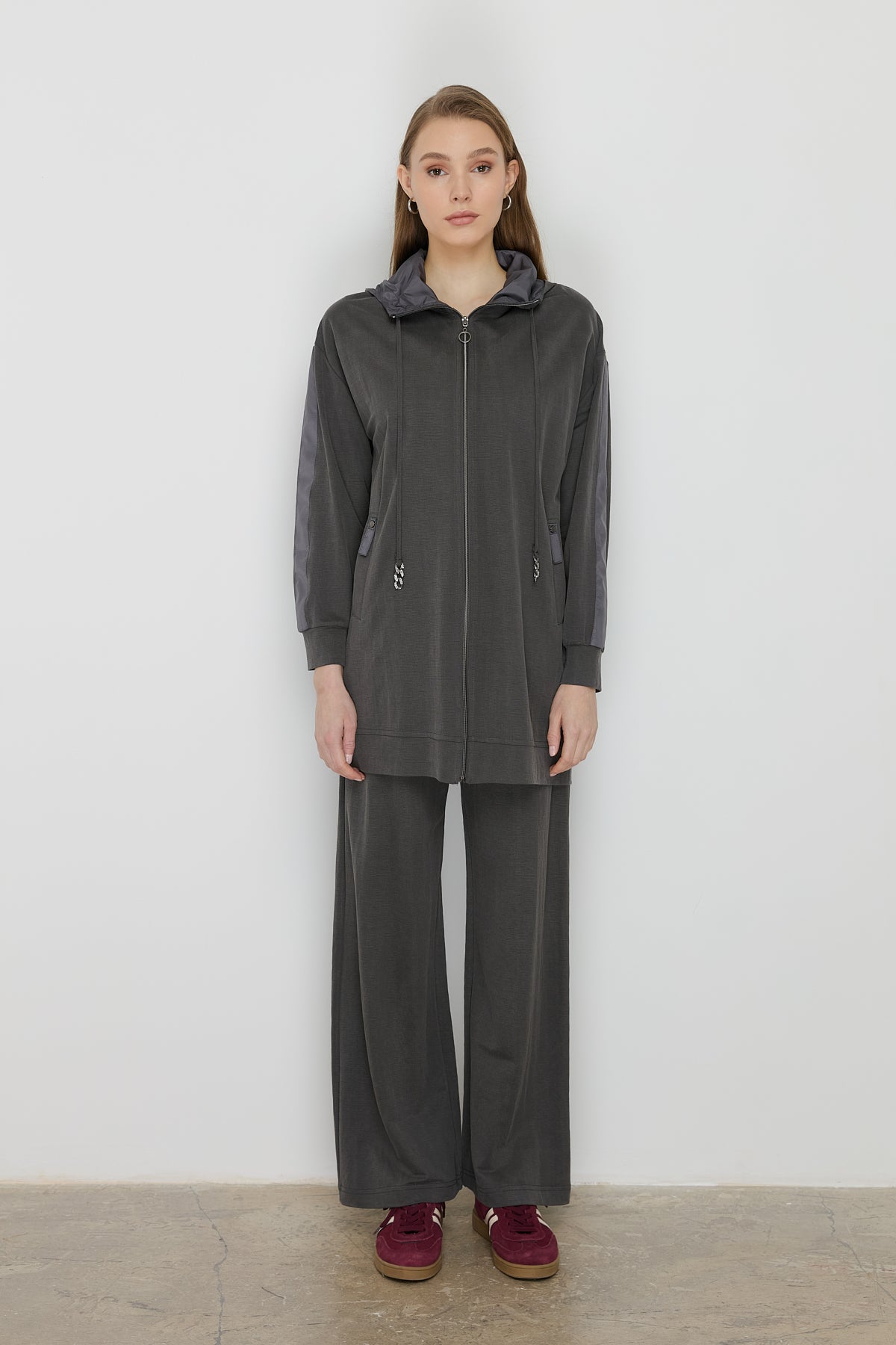 Spor Mix Kumaş Detaylı Pantolon Tunik Örme Takım - Füme