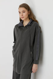 Spor Mix Kumaş Detaylı Pantolon Tunik Örme Takım - Füme