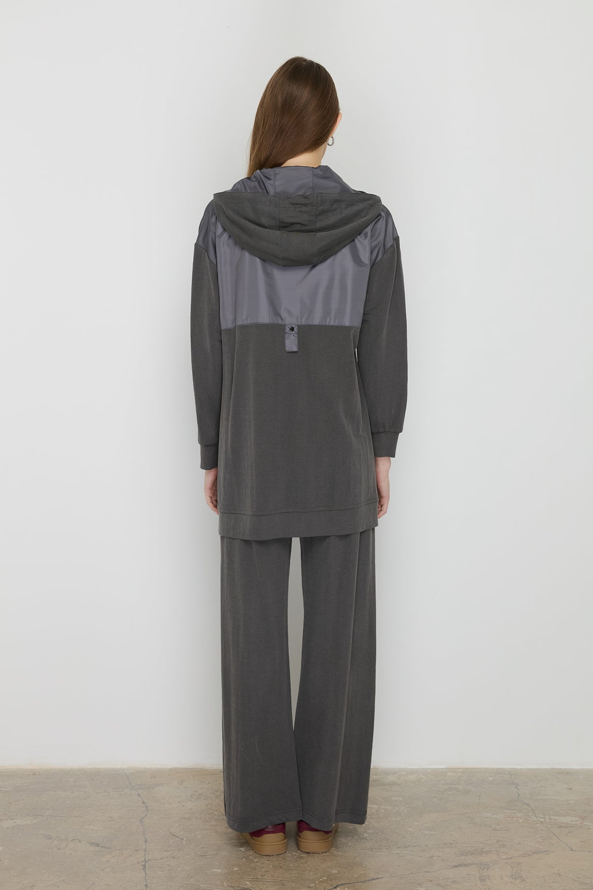 Spor Mix Kumaş Detaylı Pantolon Tunik Örme Takım - Füme