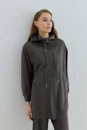 Spor Mix Kumaş Detaylı Pantolon Tunik Örme Takım - Füme