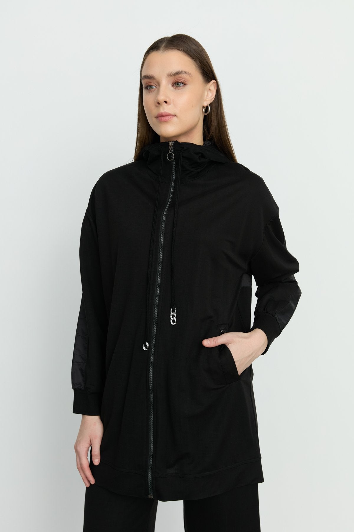 Spor Mix Kumaş Detaylı Pantolon Tunik Örme Takım - Siyah