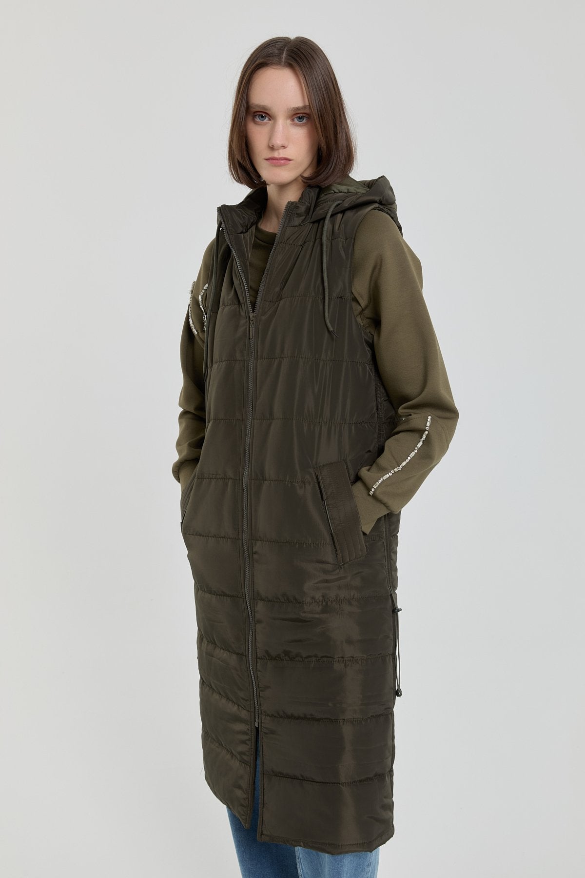 Stopper Detail Quilted Vest - Khaki