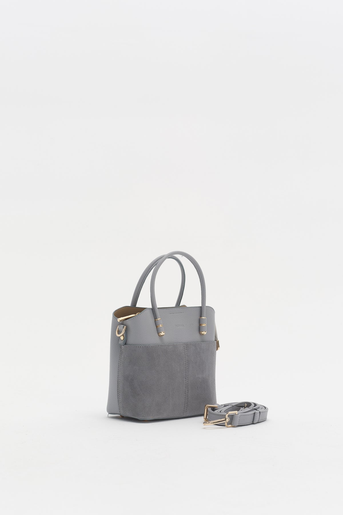 Süet Detaylı Fermuarlı Satchel Çanta - Mavi
