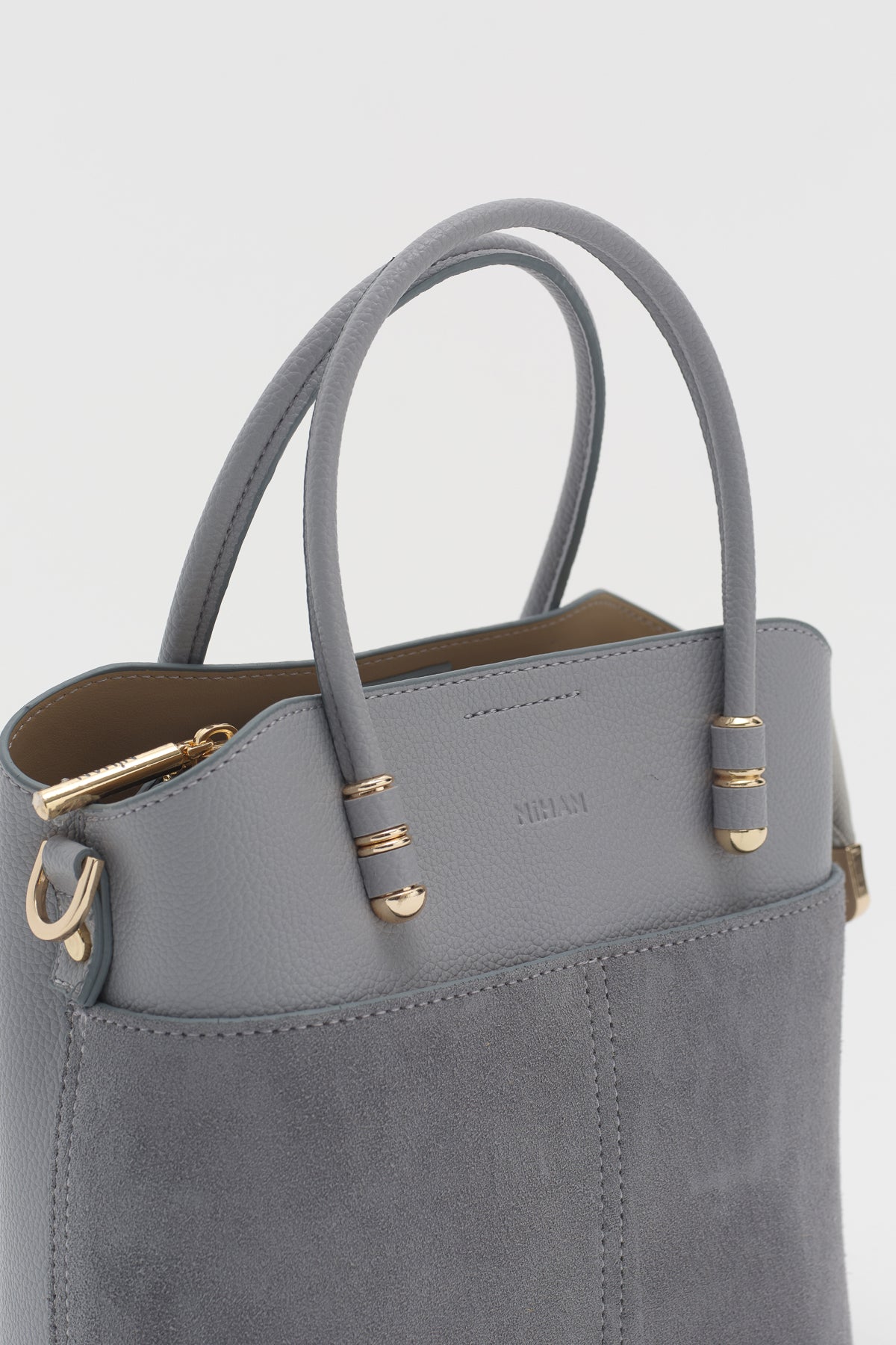 Süet Detaylı Fermuarlı Satchel Çanta - Mavi