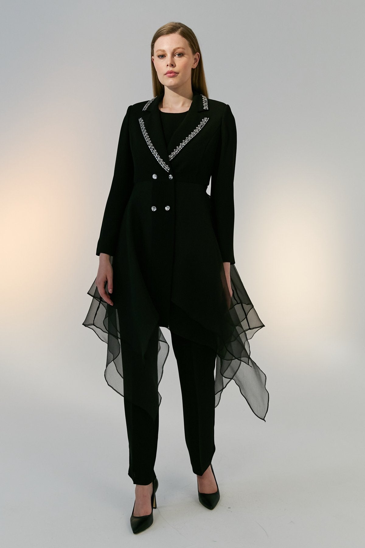 Stone Embellished Pants and Jacket Suit - Black