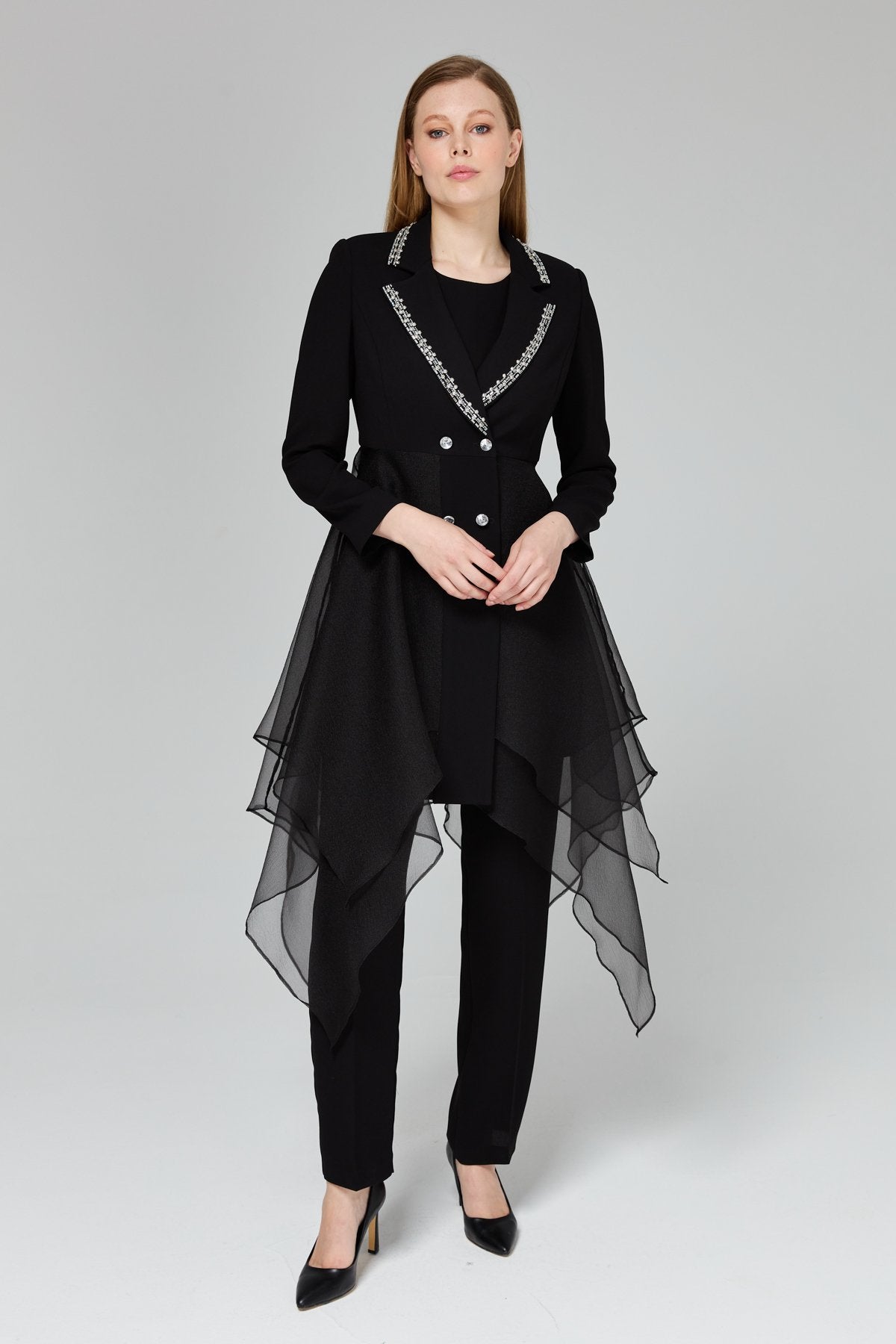 Stone Embellished Pants and Jacket Suit - Black