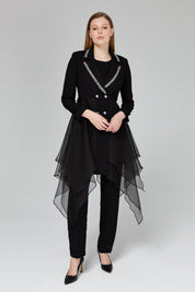 Stone Embellished Pants and Jacket Suit - Black