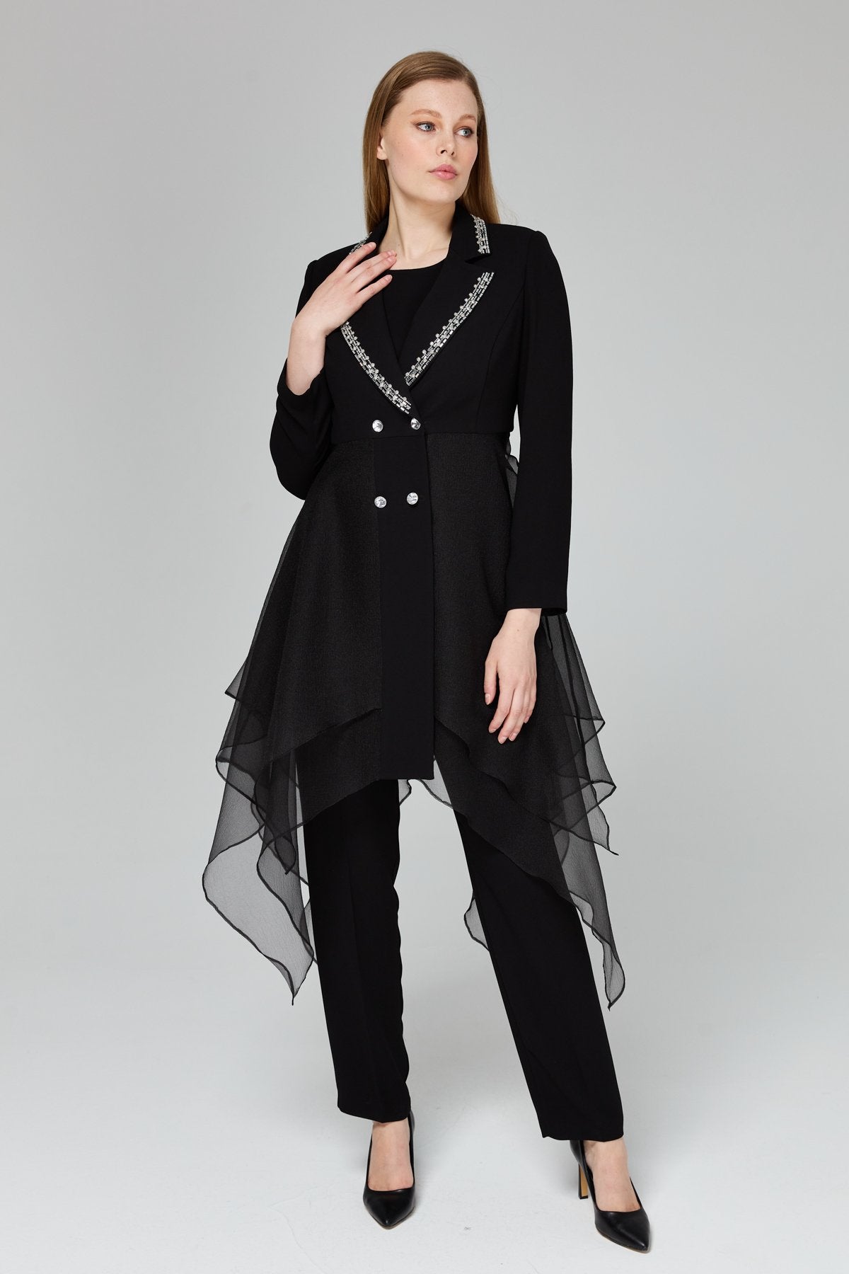 Stone Embellished Pants and Jacket Suit - Black