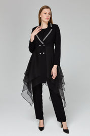 Stone Embellished Pants and Jacket Suit - Black
