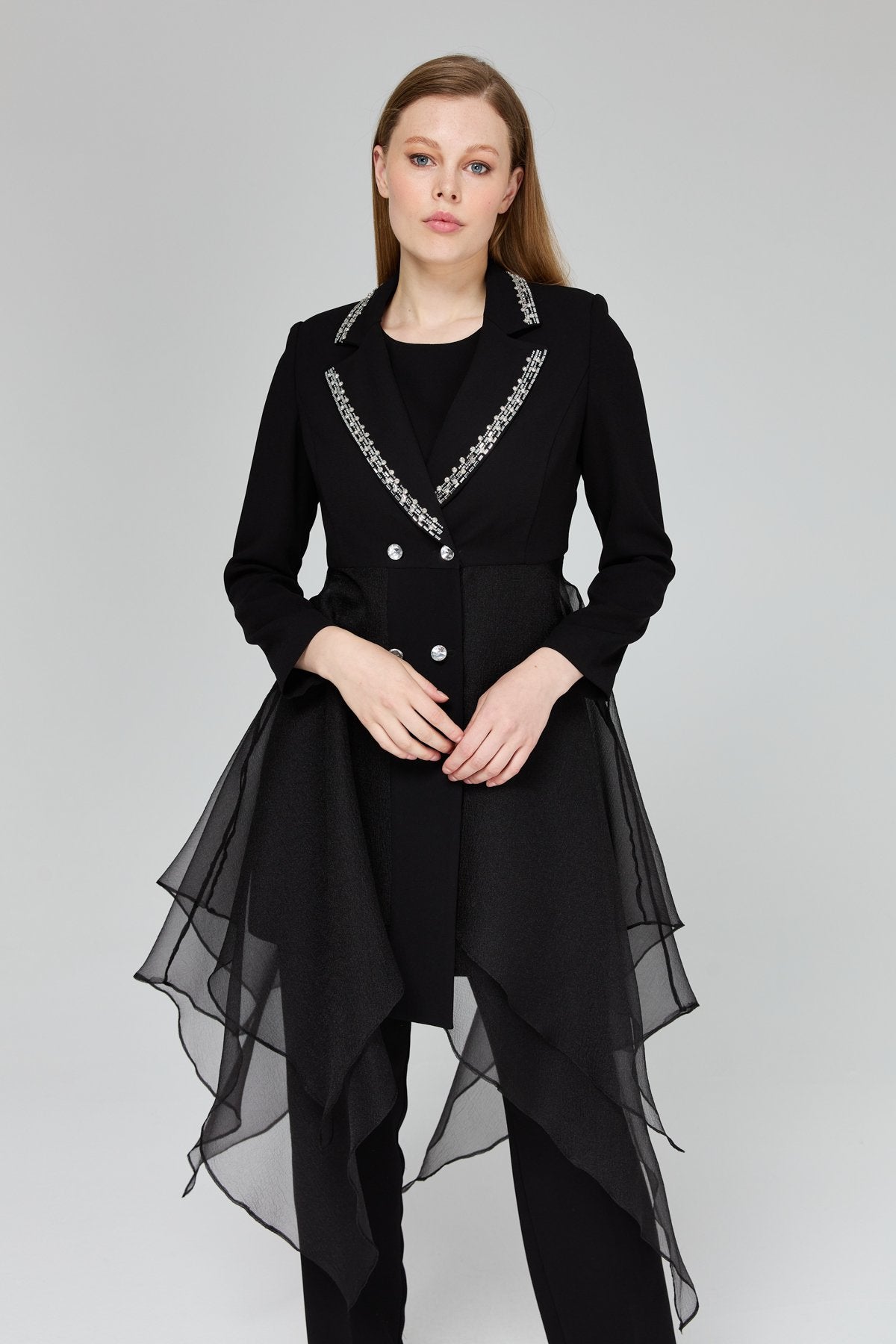 Stone Embellished Pants and Jacket Suit - Black