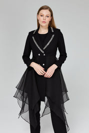 Stone Embellished Pants and Jacket Suit - Black