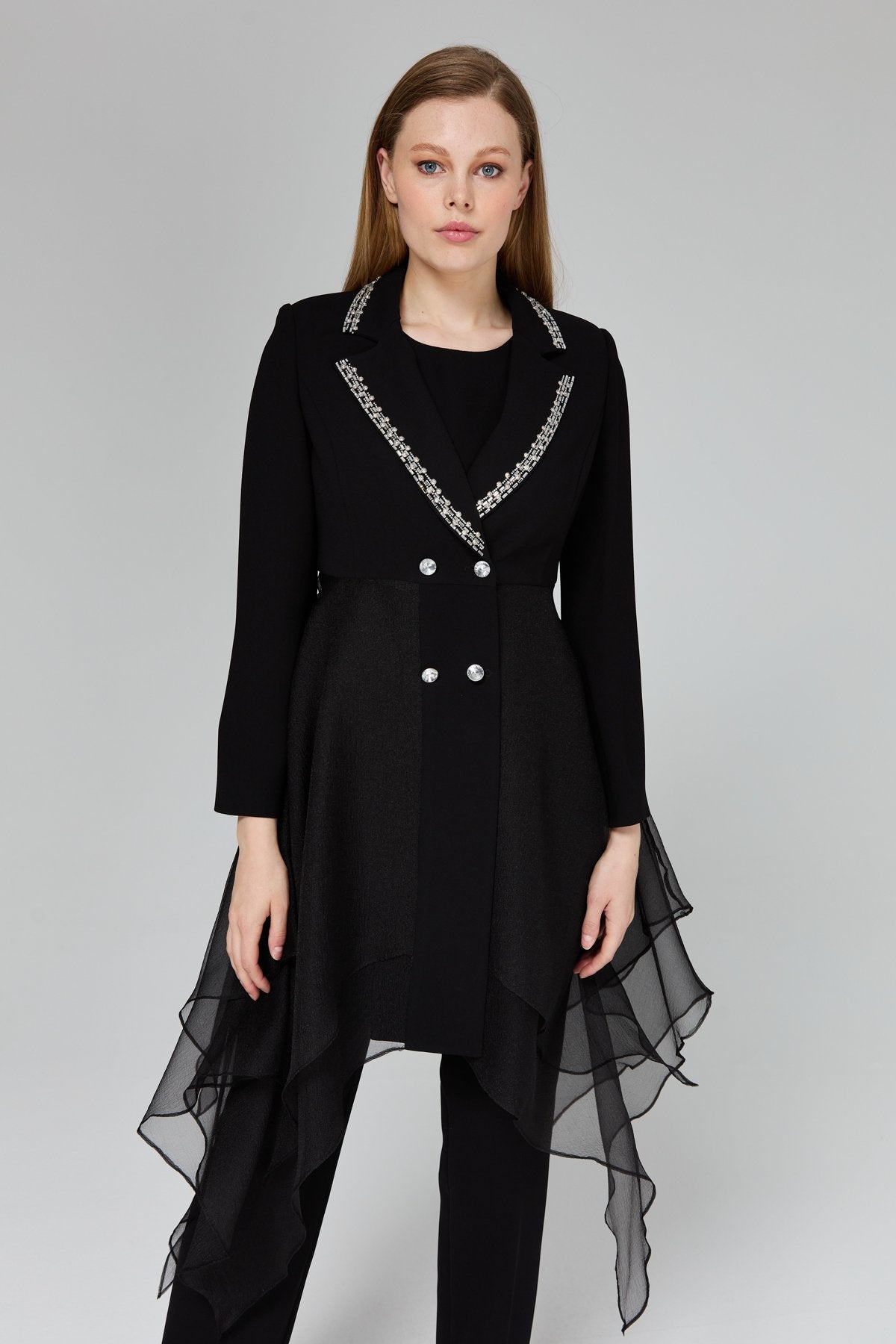 Stone Embellished Pants and Jacket Suit - Black