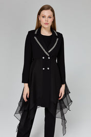 Stone Embellished Pants and Jacket Suit - Black