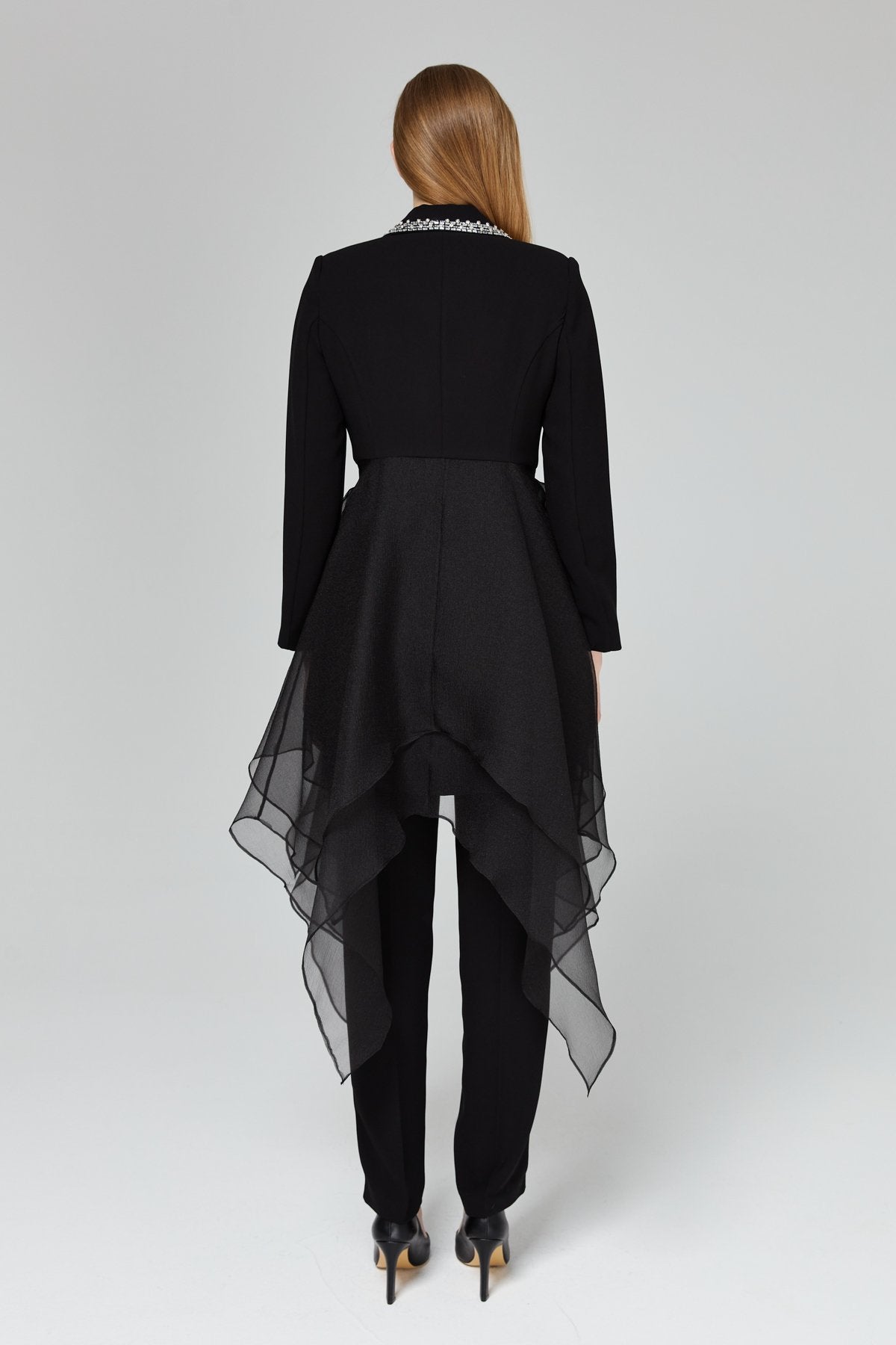 Stone Embellished Pants and Jacket Suit - Black