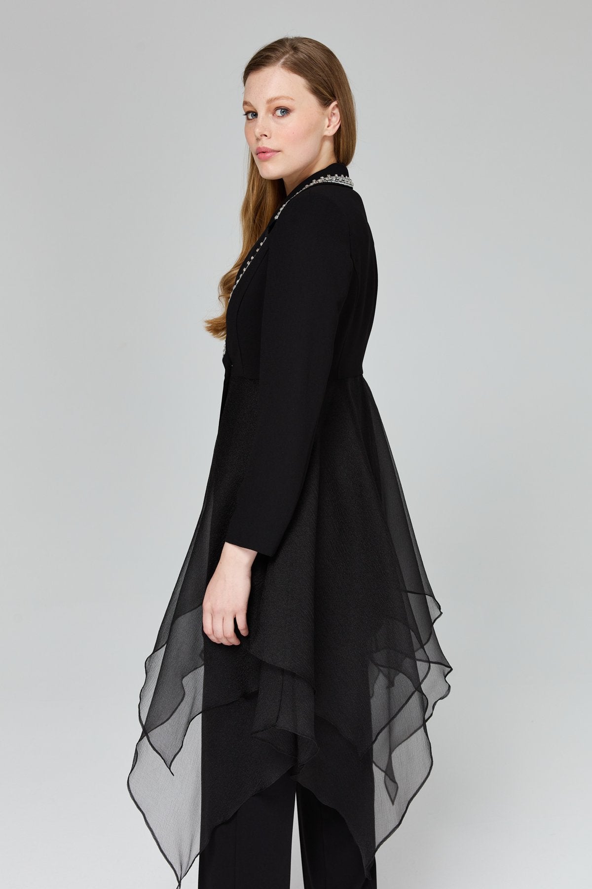 Stone Embellished Pants and Jacket Suit - Black