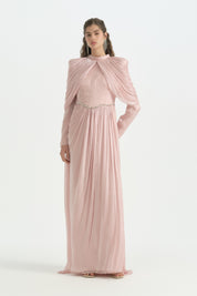 Taş Aksesuarlı Pelerinli Abiye - Pudra