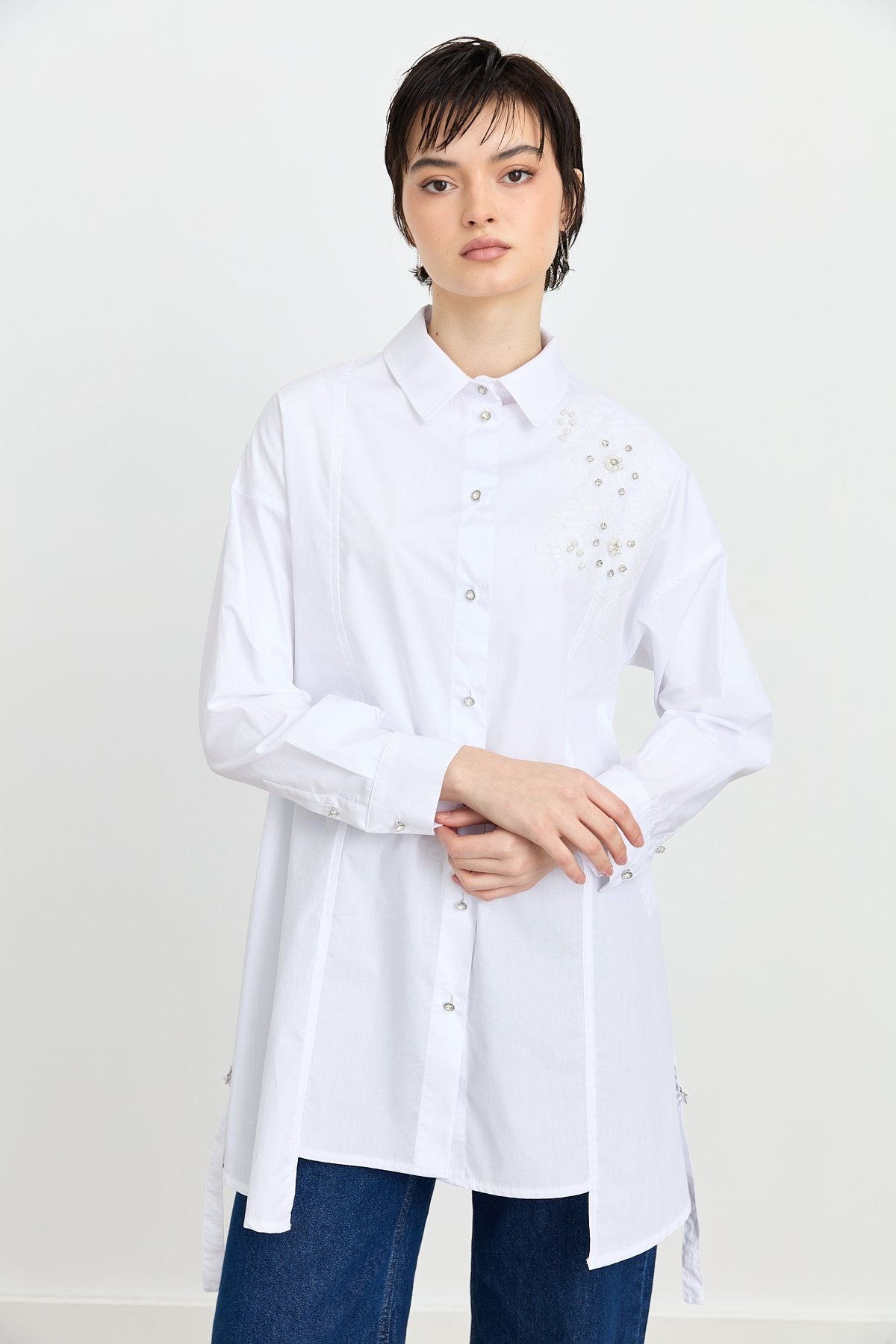 Poplin Cotton Tunic with Stone Embellishments - White
