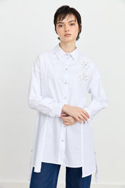 Poplin Cotton Tunic with Stone Embellishments - White
