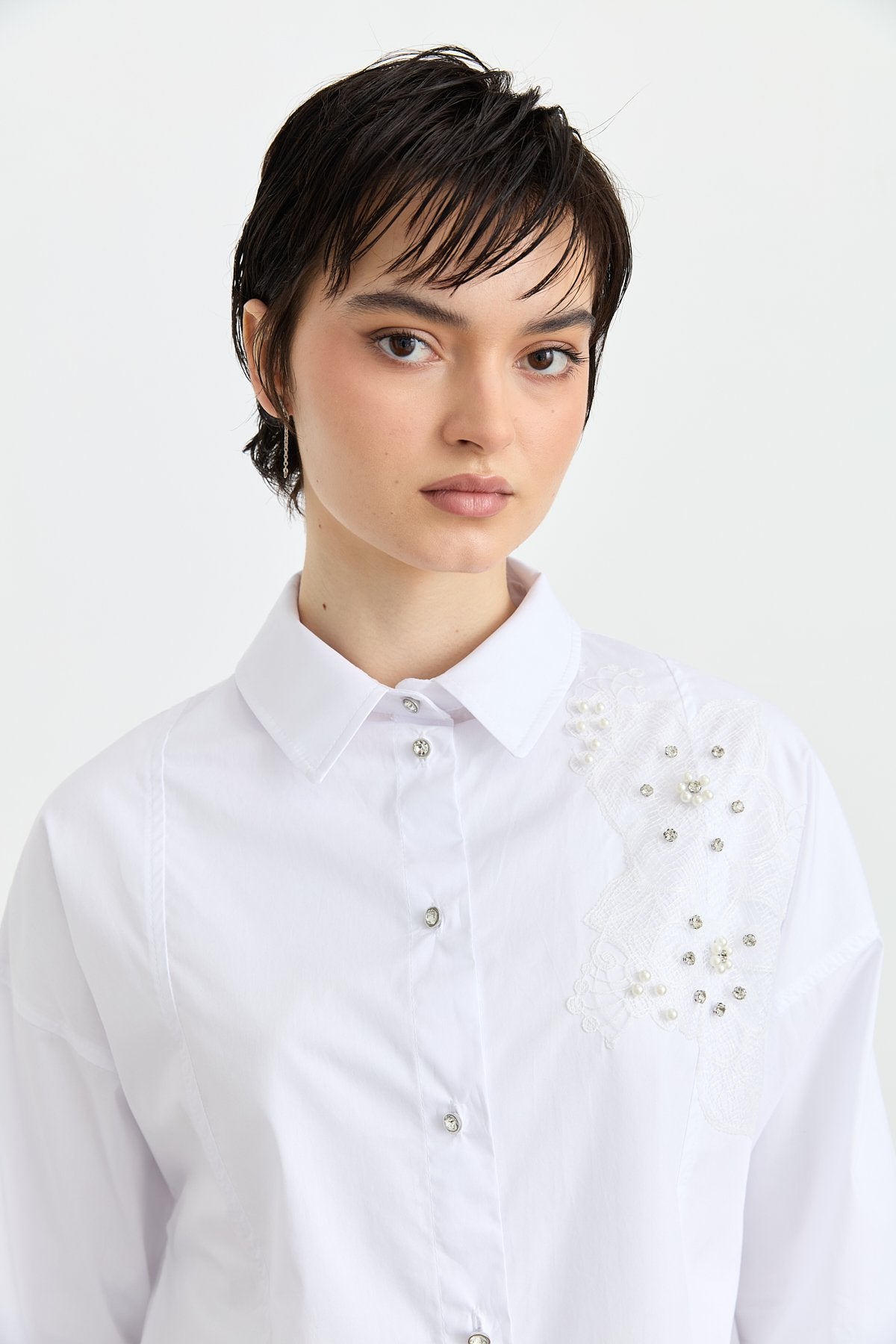 Poplin Cotton Tunic with Stone Embellishments - White
