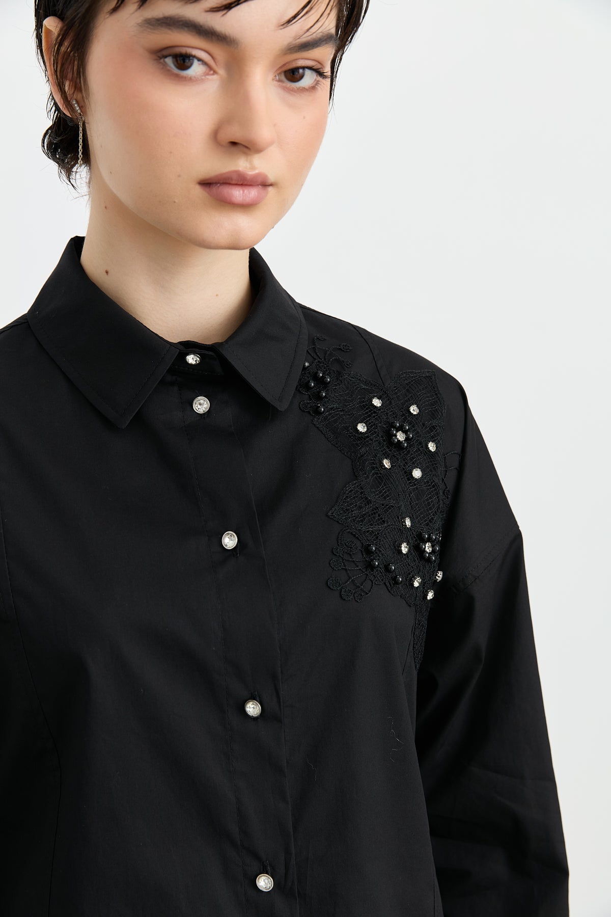 Poplin Cotton Tunic with Stone Embellishments - Black