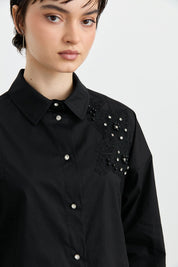 Poplin Cotton Tunic with Stone Embellishments - Black
