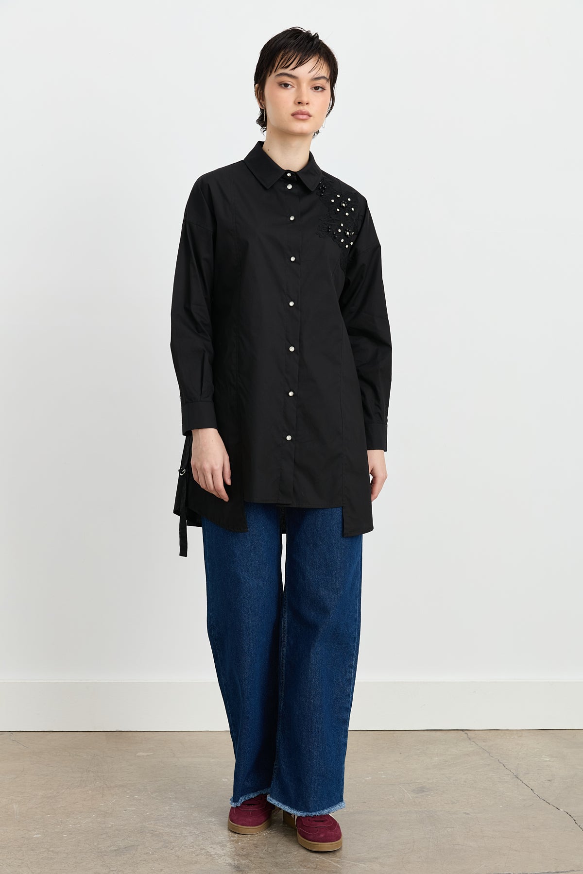 Poplin Cotton Tunic with Stone Embellishments - Black