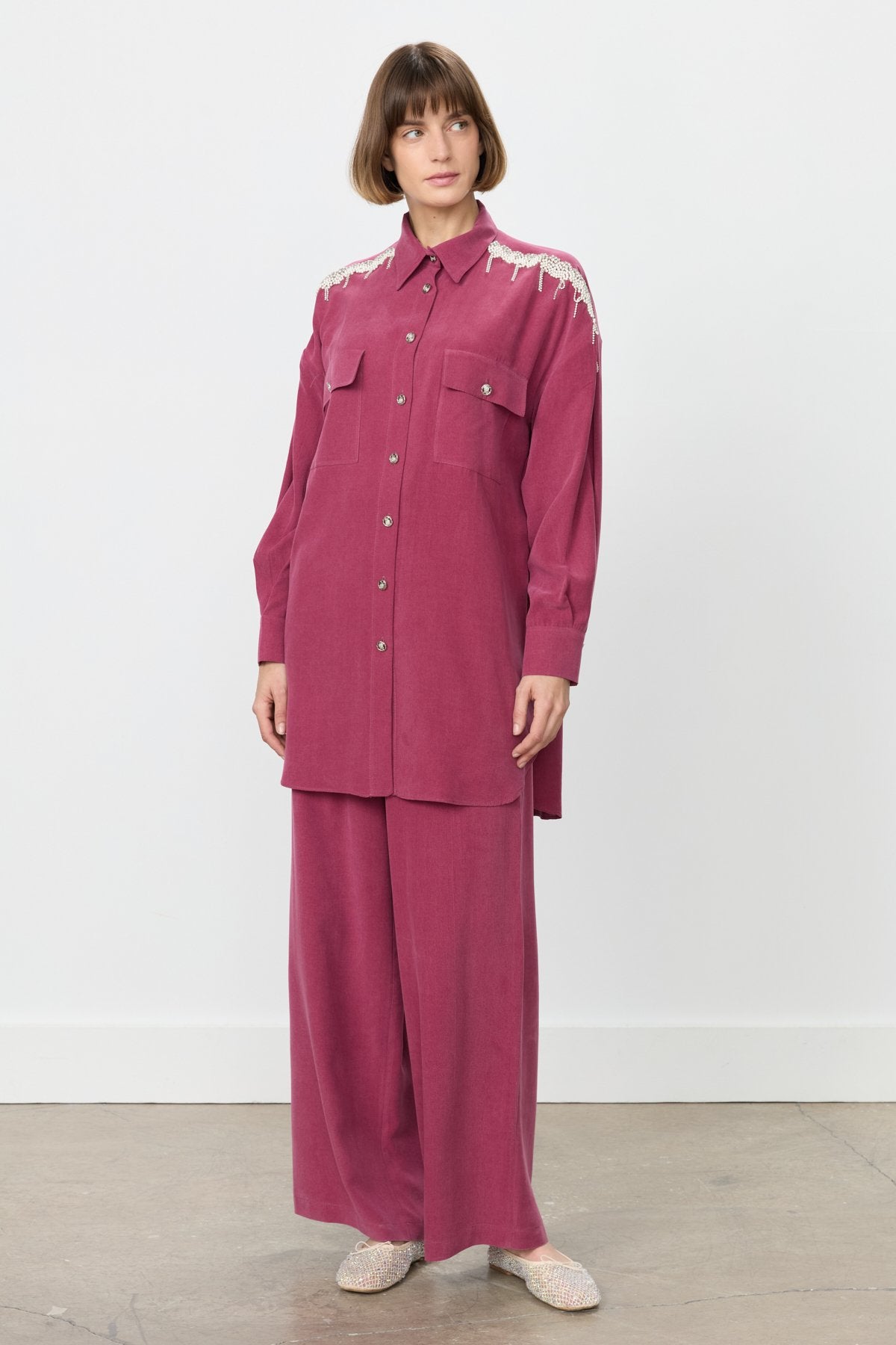 Taş Aksesuarlı Tencel Pantolon Tunik Takım - Mürdüm