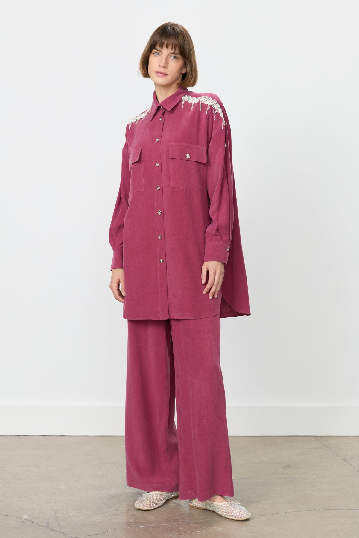 Tencel Pants and Tunic Set with Stone Accessories - Plum