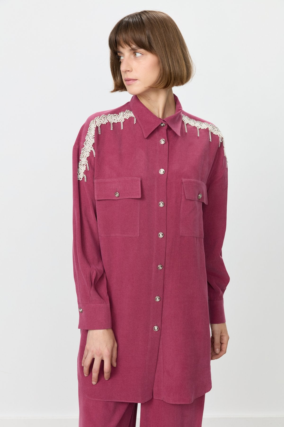 Tencel Pants and Tunic Set with Stone Accessories - Plum