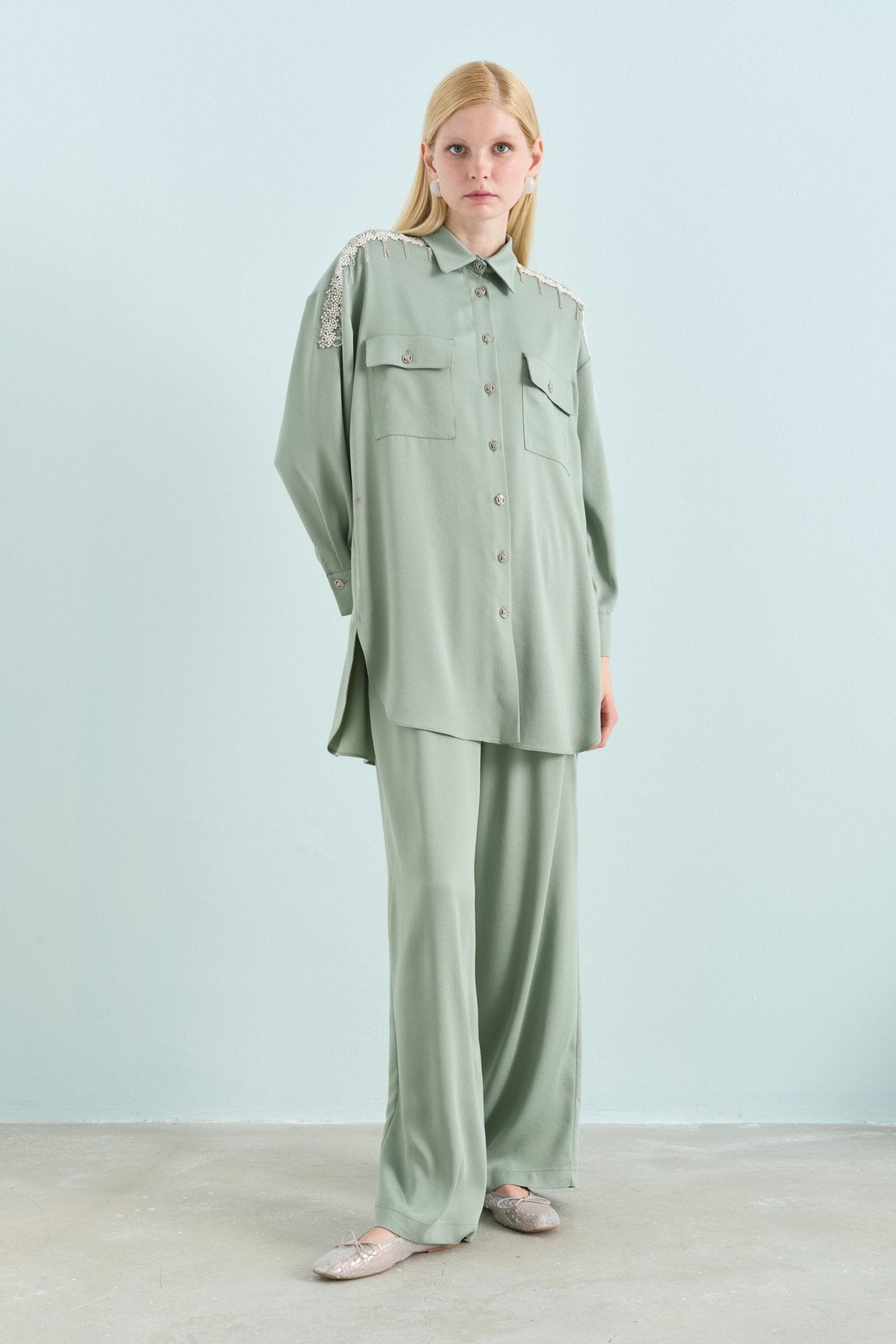Taş Aksesuarlı Tencel Pantolon Tunik Takım - Yeşil