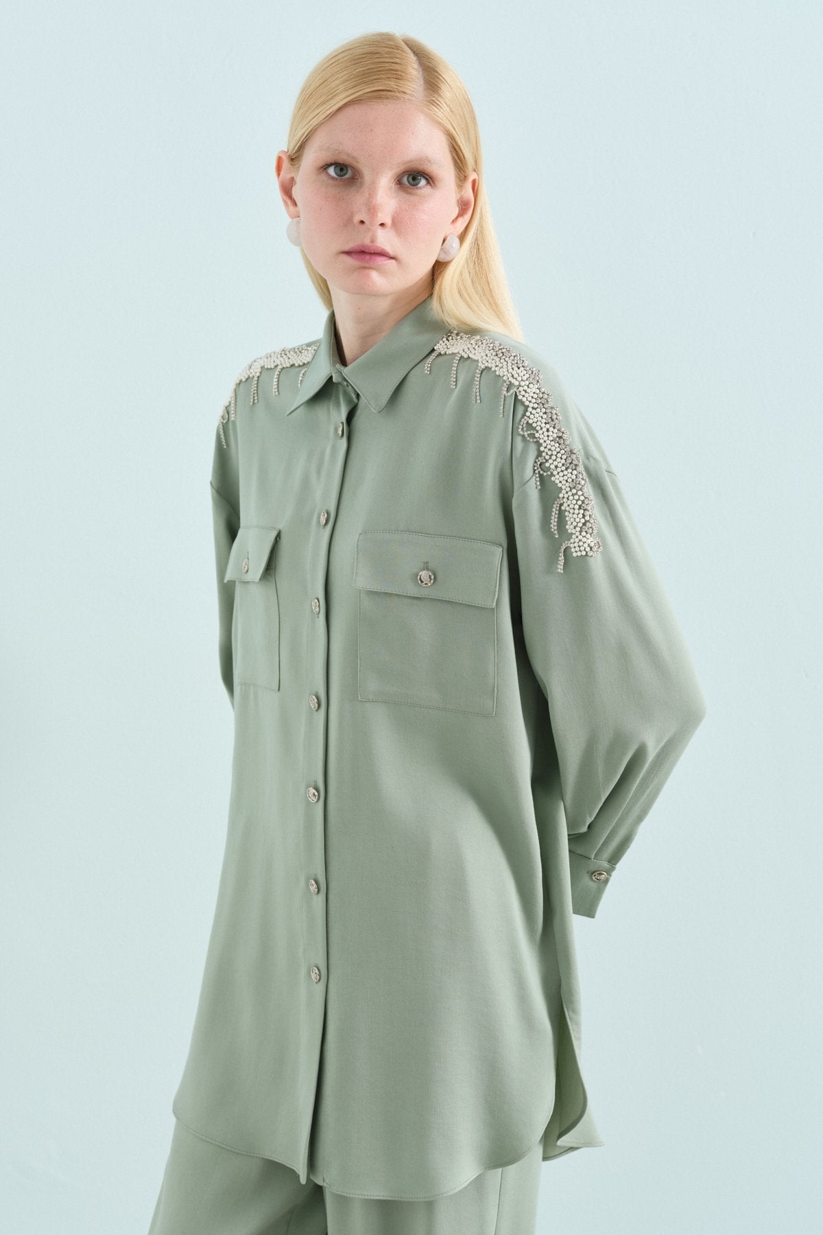 Tencel Pants and Tunic Set with Stone Accessories - Green