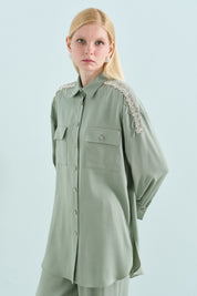 Tencel Pants and Tunic Set with Stone Accessories - Green