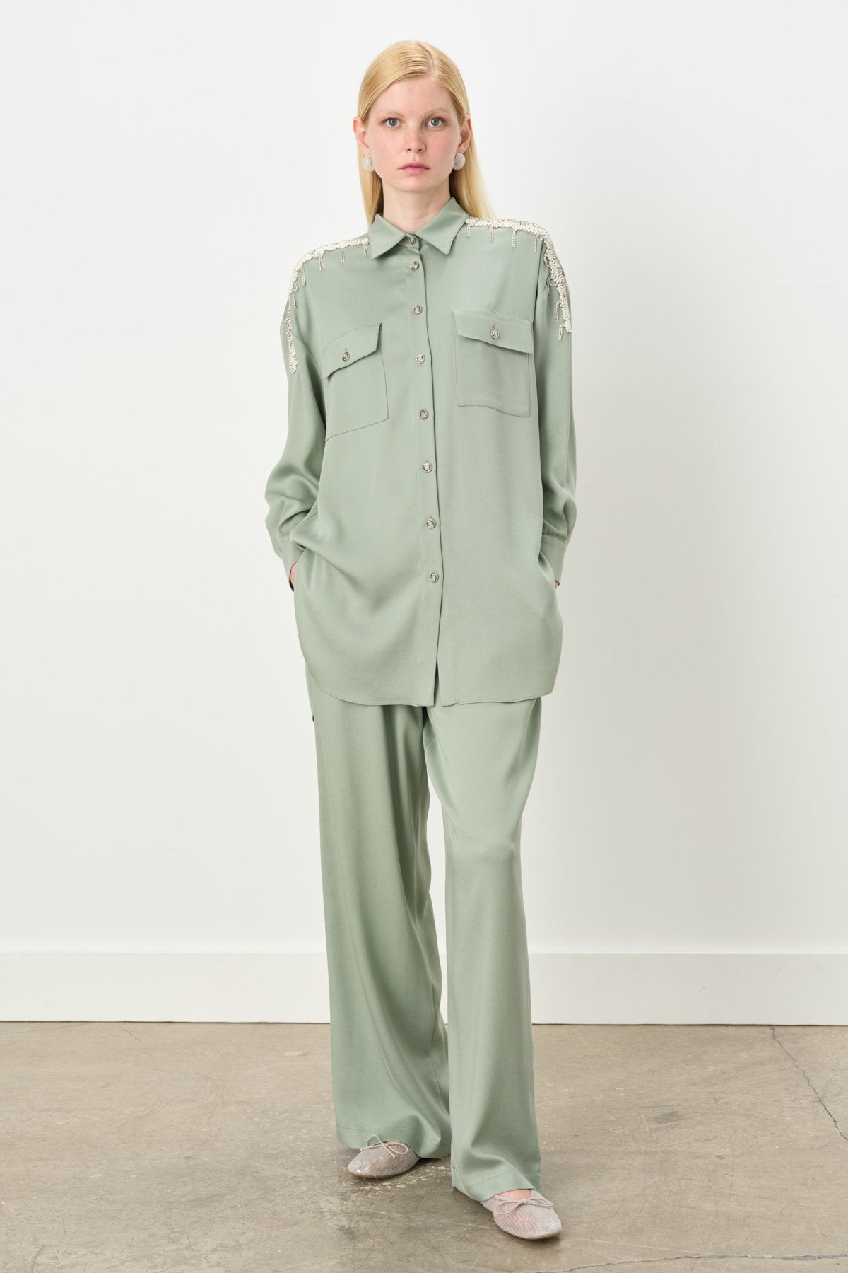 Tencel Pants and Tunic Set with Stone Accessories - Green