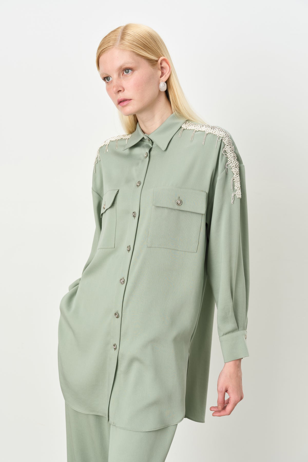 Tencel Pants and Tunic Set with Stone Accessories - Green