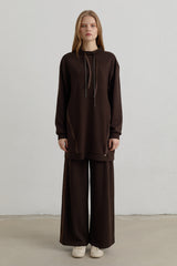 Stone Print Detail Knitted Trousers Modal Blend Set - Coffee