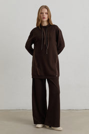 Stone Print Detail Knitted Trousers Modal Blend Set - Coffee