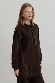 Stone Print Detail Knitted Trousers Modal Blend Set - Coffee