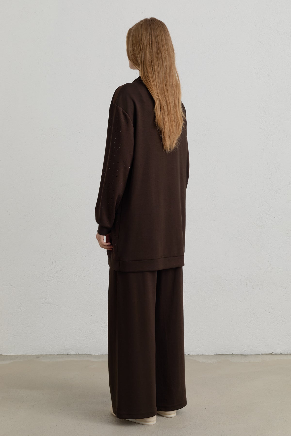 Stone Print Detail Knitted Trousers Modal Blend Set - Coffee