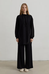 Stone Print Detail Knitted Trousers Modal Blend Set - Black