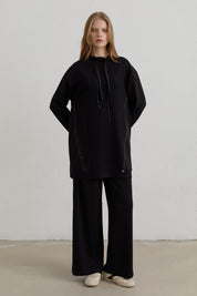Stone Print Detail Knitted Trousers Modal Blend Set - Black
