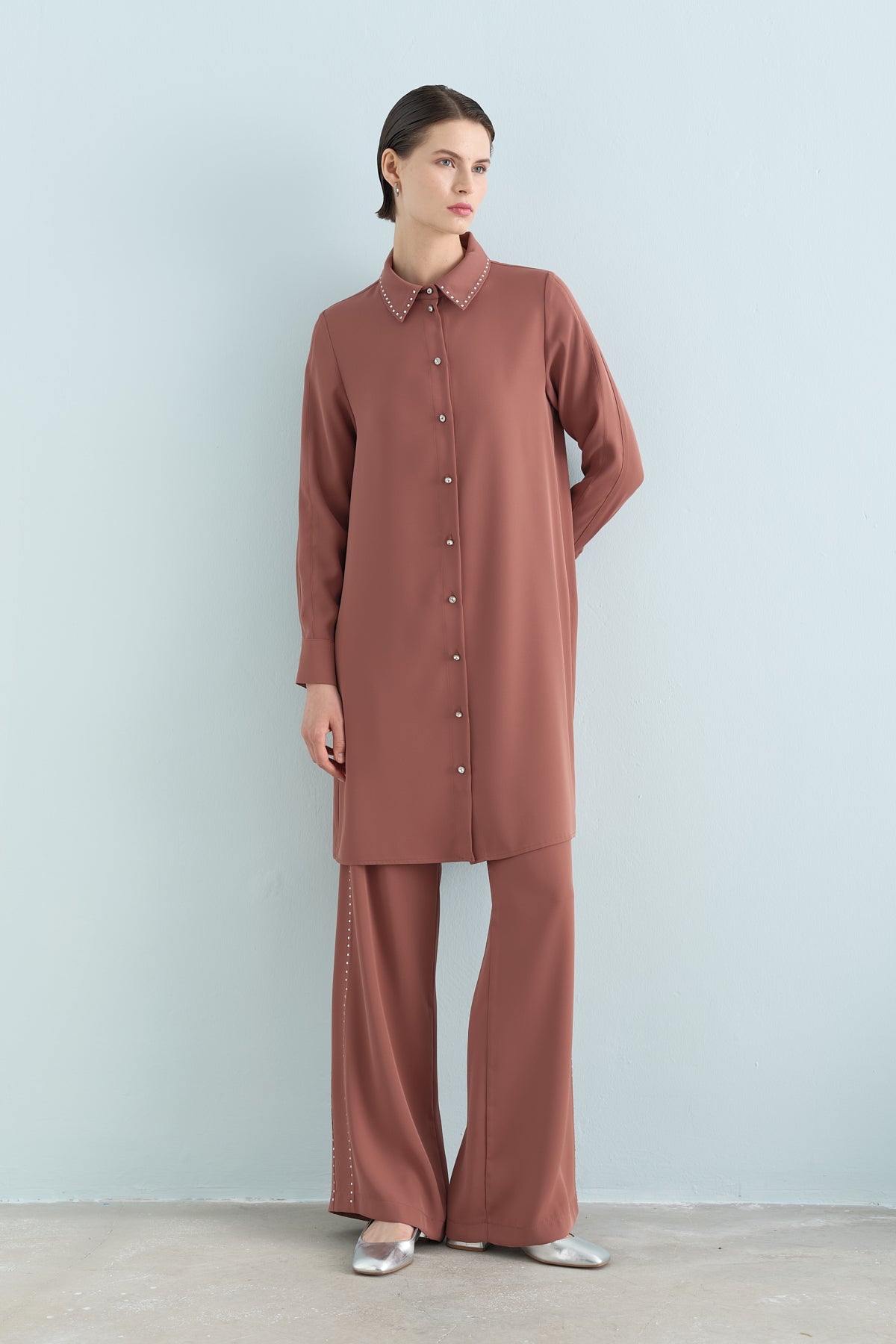 Stone Print Pants and Tunic Set - Light Brown