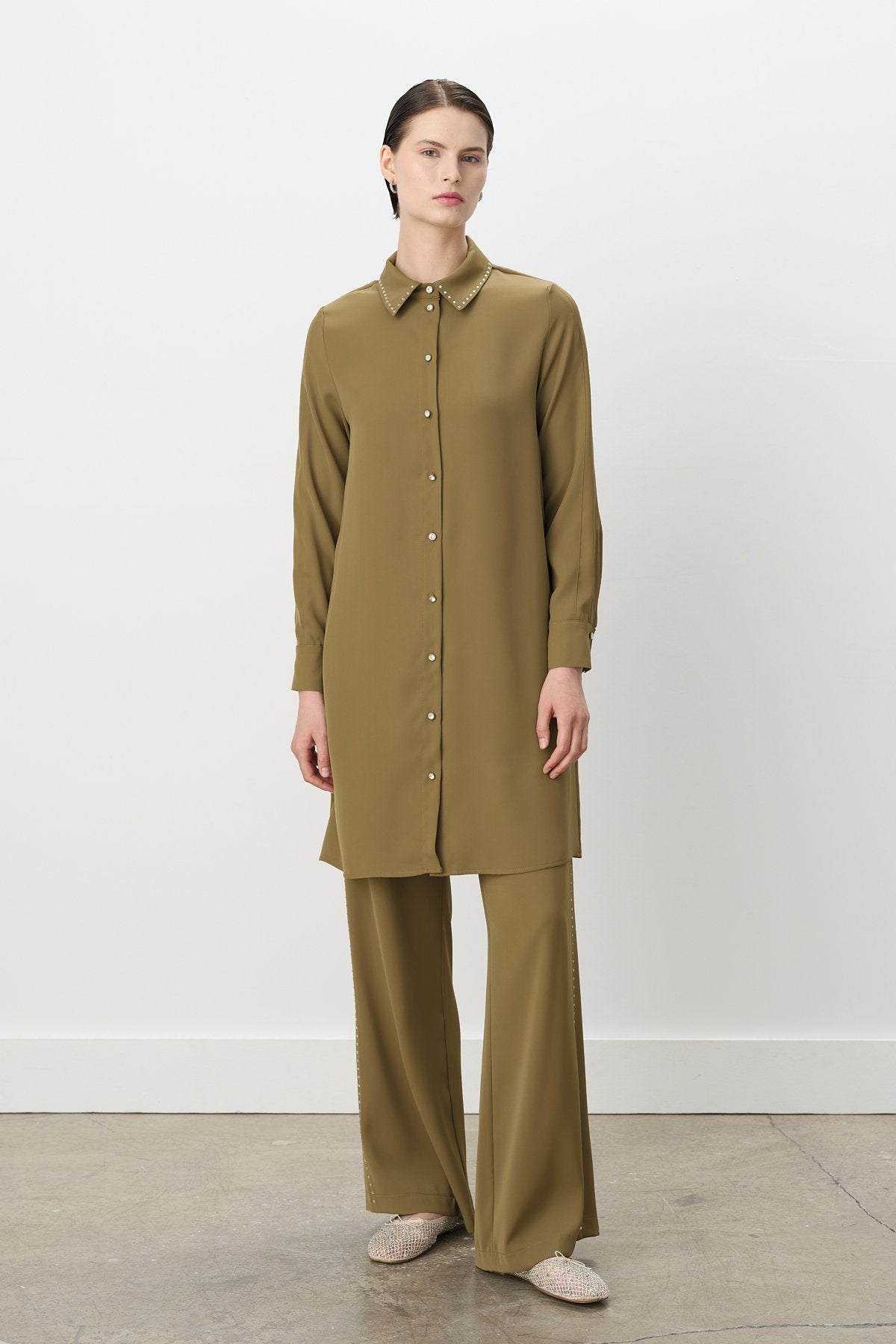 Taş Baskılı Pantolon Tunik Takım - Olive