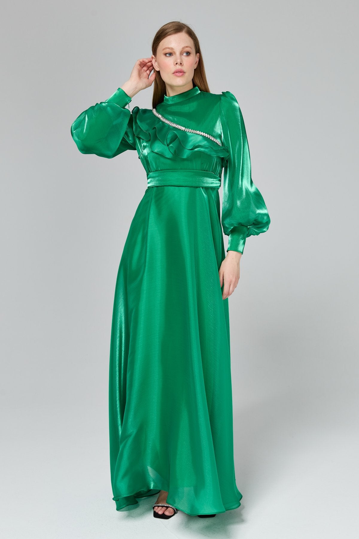 Stone Detail Balloon Sleeve Elegant Dress - Benetton Green